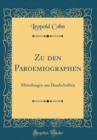 Image for Zu den Paroemiographen: Mitteilungen aus Handschriften (Classic Reprint)
