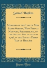 Image for Memoirs of the Life of Mrs. Sarah Osborn, Who Died at Newport, Rhodeisland, on the Second Day of August 1796, in the Eighty Third Year of Her Age (Classic Reprint)