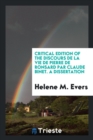 Image for Critical Edition of the Discours de la Vie de Pierre de Ronsard Par Claude Binet / [edited] by Helene M. Evers