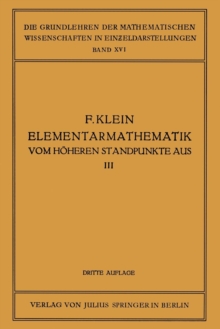 Image for Elementarmathematik Vom Hoheren Standpunkte Aus, III